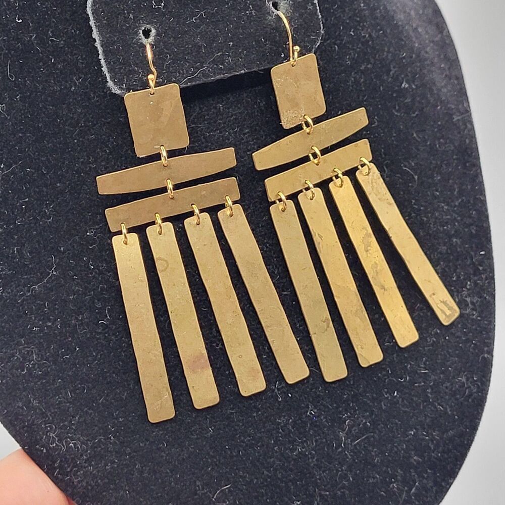 Artisan Brass Bohemian Fringe Geometric Earrings 3in - Picture 3 of 5